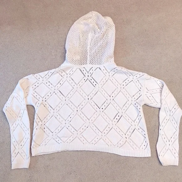 Lucky Brand Crochet Hoodie Cropped Sweater Women Medium Cream Pointelle Pullover - Picture 3 of 13